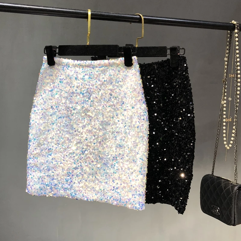 

2022 Women Girls Mini Wrap Summer Sexy Skirt Version Sequins Thin Tall Waist Sexy Bright Shiny Party Club Dance Dress Skirt