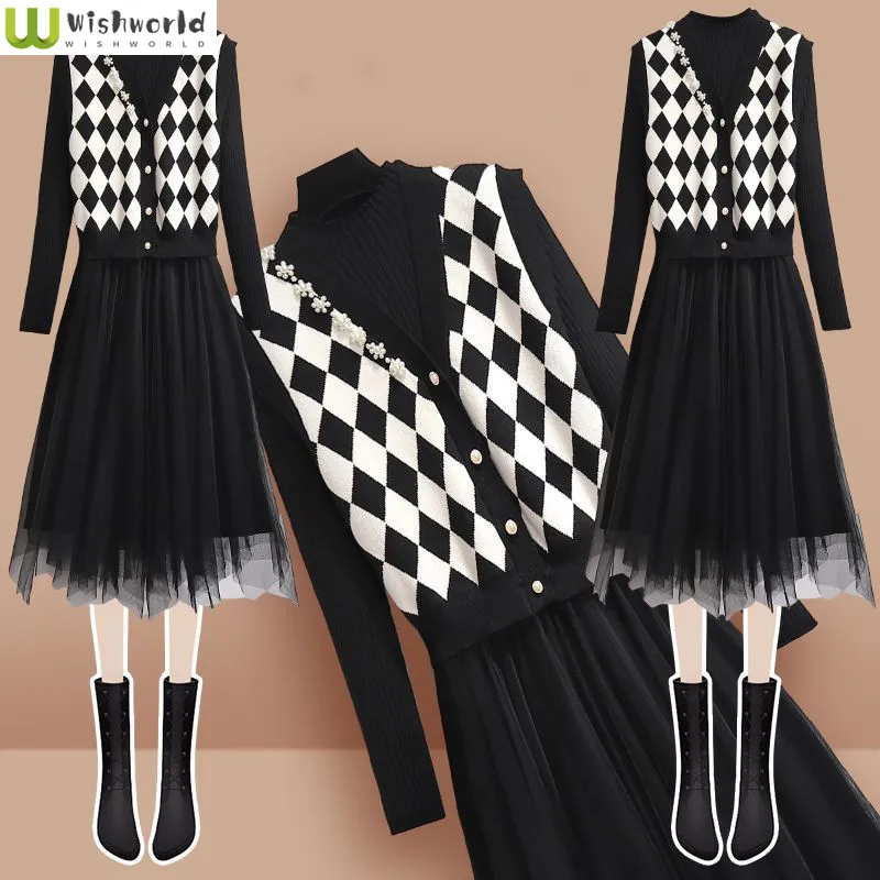 Fashion Women's Suit Spring and Autumn New Korean Knitted Vest Medium Long Dress Elegant Women's Two-piece Suit