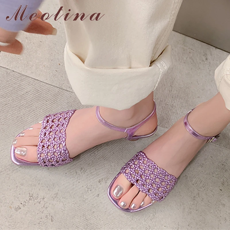 

Meotina Women Sandals Round Toe Thick Mid Heels Buckle Fashion Brand Design Ladies Casual Shoes Summer Purple Gold Silver 41