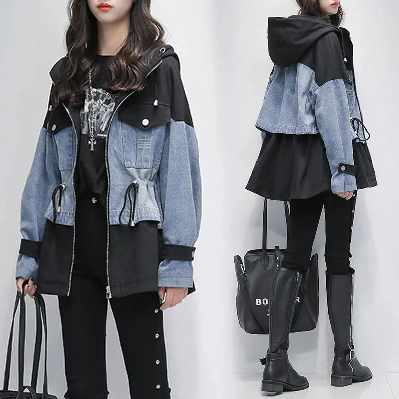 

Chic Women Denim Patchwork Windbreaker 2024 Autumn Oversize Drawstring Stitching Slim Waist Hooded Jean Jacket Mid-Length Coats