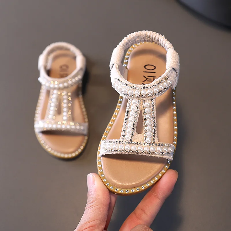 

Girls Sandals Kids Summer Roman Shoes 2023 Elegant Pearl Party Princess Shoe Flats Non-slip Casual Girl Beach Sandal
