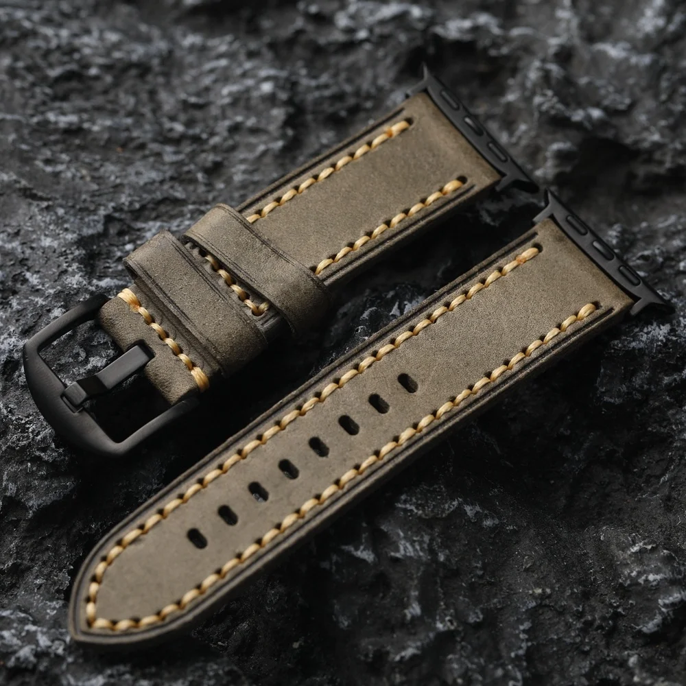 수제 상단 레이어 소가죽 어댑터 위치 접이식 애플 울트라 49mm 45mm 남성용 시계 밴드, 샌드위치 없음