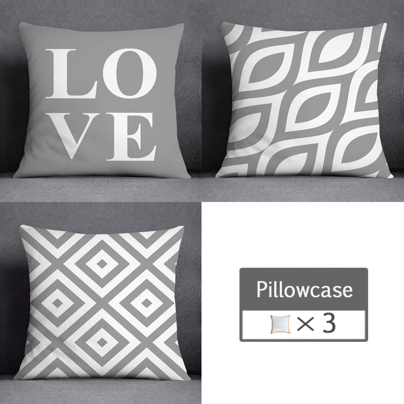 3pcs/lot 45X45CM Gray Lumbar Pillow Case Polyester Geometry Leaf Floral Stripes Plaids Print Sofa Throw Cushion Cover Home Decor 