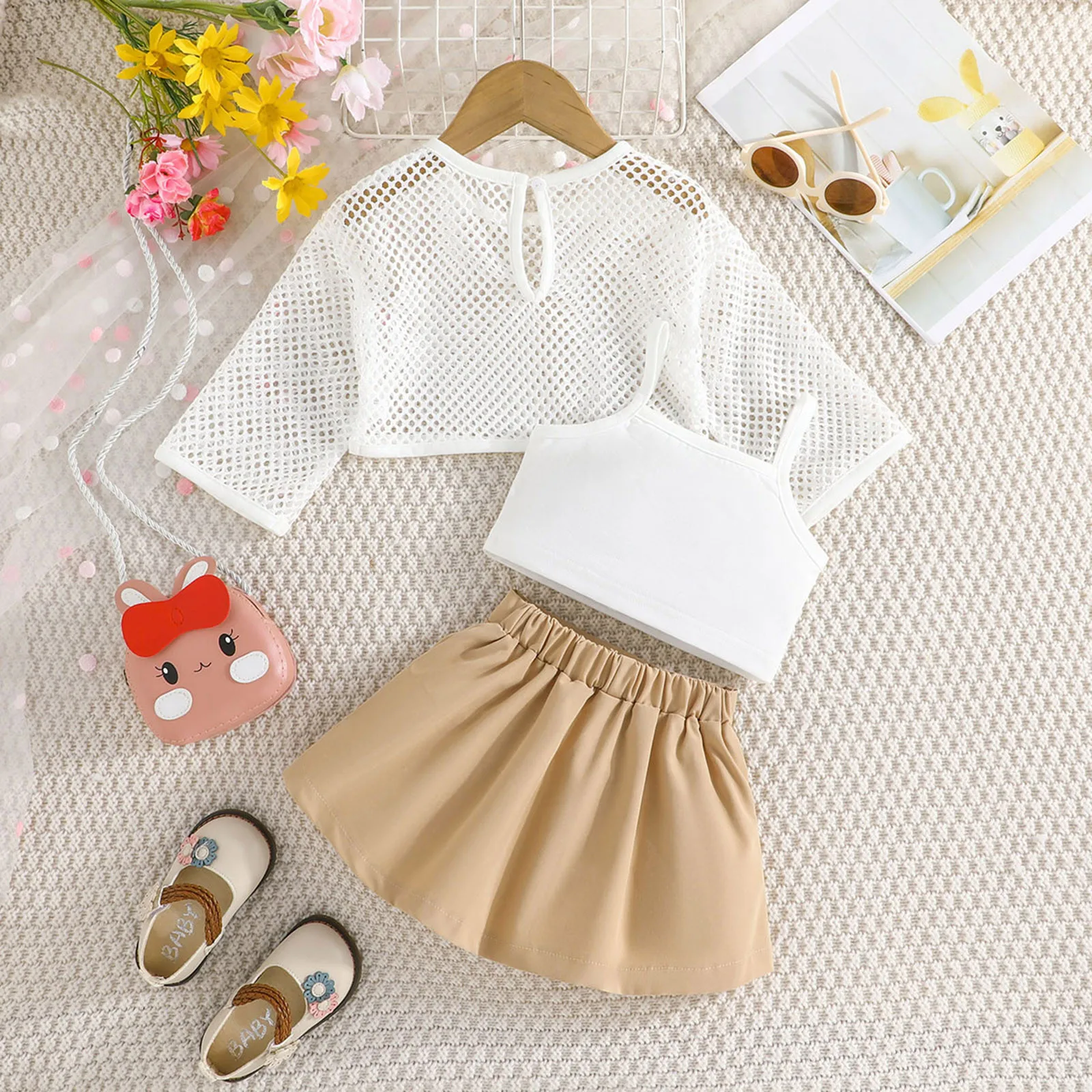 Children Spring Solid Clothes Suit Kids Girls 3PCS Outfits Mesh Fishnet Long Sleeve Top And Skirt With Camisole ropa para ni&ntilde;as kids clothes
