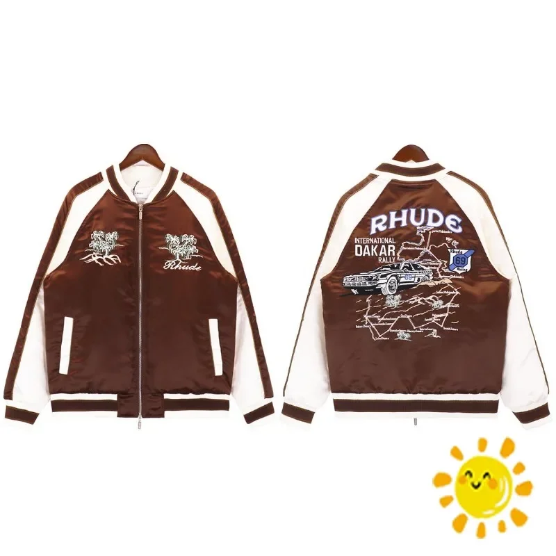 

Fasion Heavy Fabric Rhude Baseball Coat Jacket for Women Men Warm Coconut Tree Embroidery Clothing Hip Hop