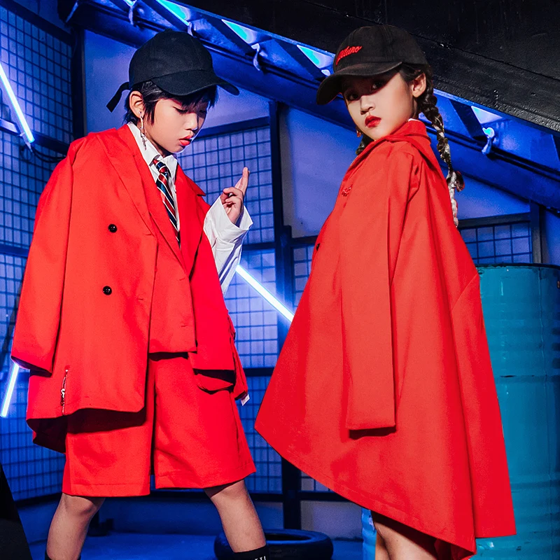 

Drum Show Girls Jazz Performance Kpop Stage Outfit Kids Fashion Clothes Red Suit Catwalk Wear Hip Hop Dance Costume Boys