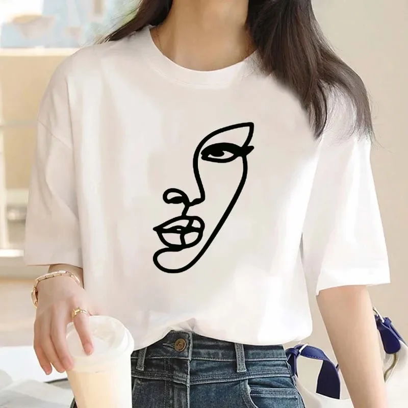 

Abstract Simple Stroke Face Prints Women T-Shirts Hip Hop Breathable Short Sleeve Soft Street Casual Tops Female Tee Clothing