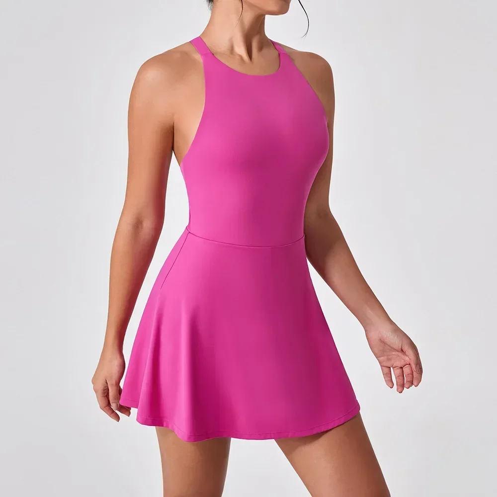 Tennis Dress One-Pieces Jumpsuits Slim Fit Sports Fitness Golf Badminton Skorts Back Cross Tracksuits with Chest Pads Yoga Suits