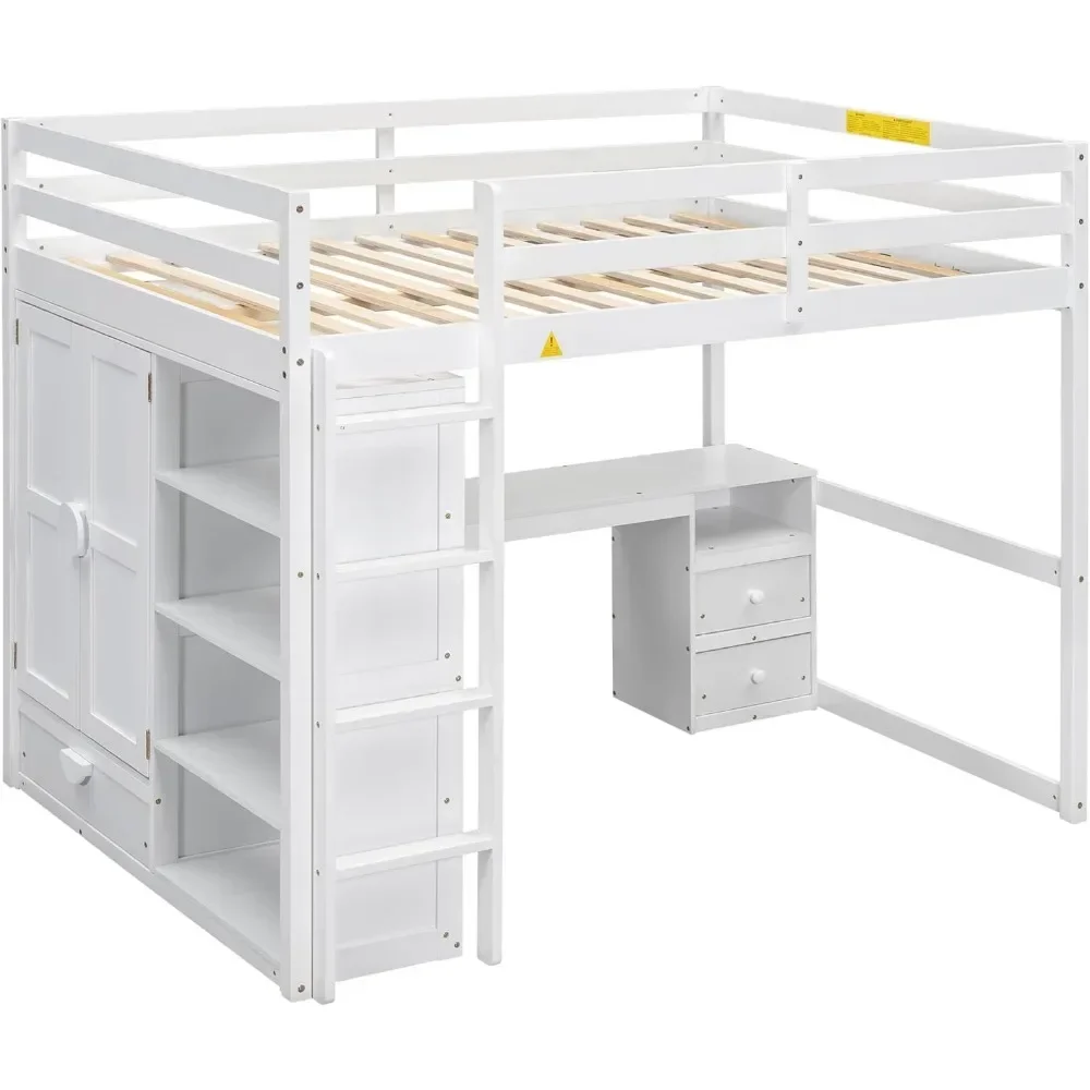 Bunk Beds Full Size Loft Bed with Wardrobe and Desk, Wood Loft Bed Frame with Storage Shelves and Drawers Kids Bed 4