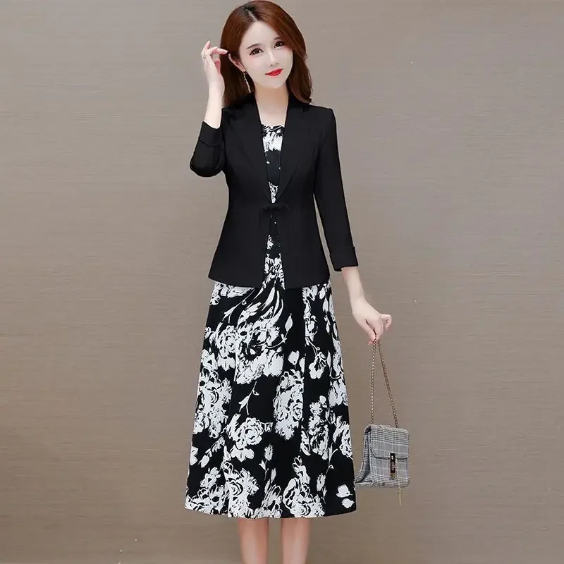 Women's 2024 Spring/Summer New In Matching Set Korean Elegant Thin Suit Coat+floral Dress Two-piece Female Professional Wear