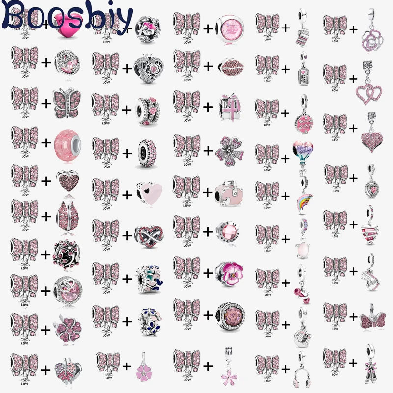 

Boosbiy 2Pcs Fashion Pink Butterfly Heart & Flower Romantic Charm Beads Fit Brand Bracelet & Necklace DIY Jewelry Gift For Women