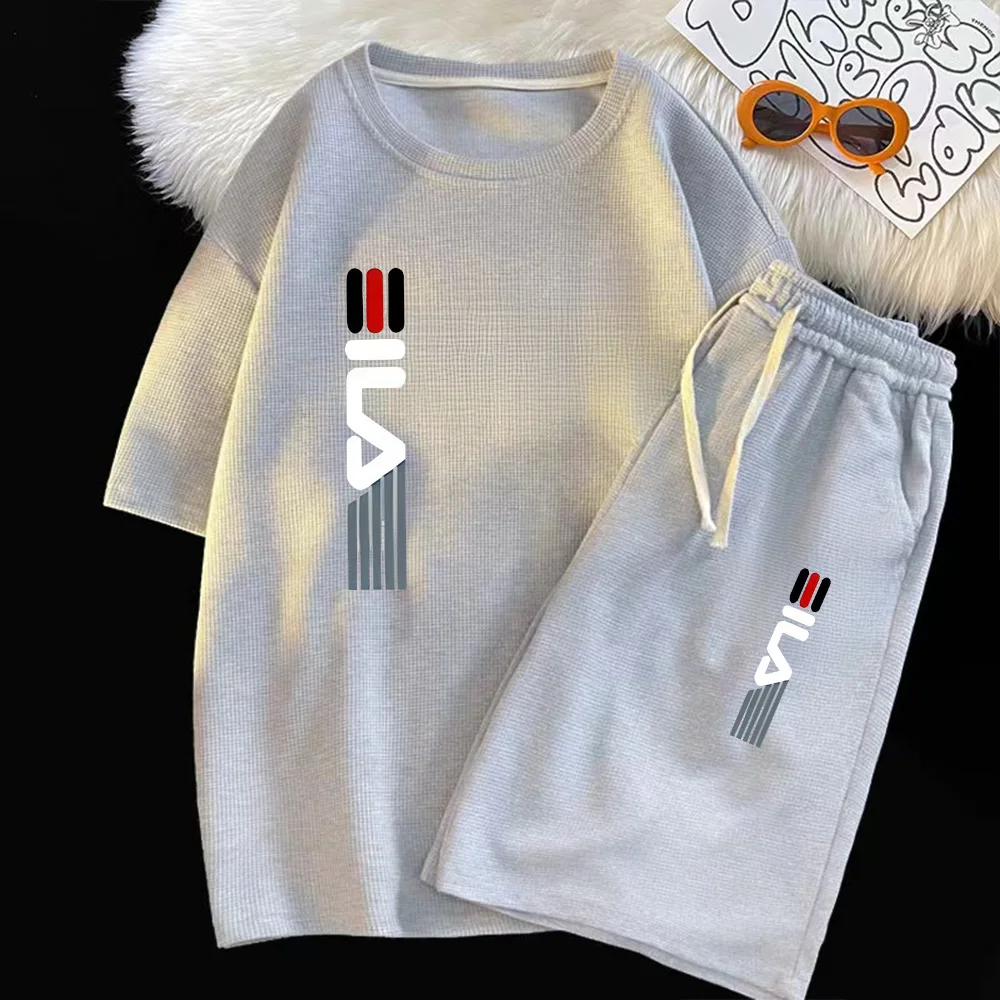 thumbnail image 1 of Conjunto de dos piezas de camiseta y pantalones cortos de manga corta con estampado de lujo de marca para hombre, traje informal para correr con estampado de gofres, ropa de entrenamiento de verano M-, 1 of 5