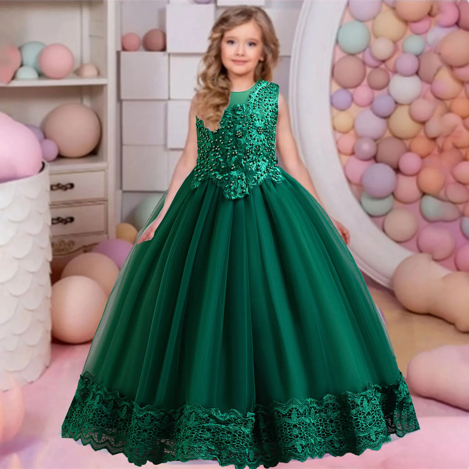 

HXCMall 4-10 Years Little Big Girls Lace Embroidered Flower Girl Birthday Party Formal Pageant Performance Dress