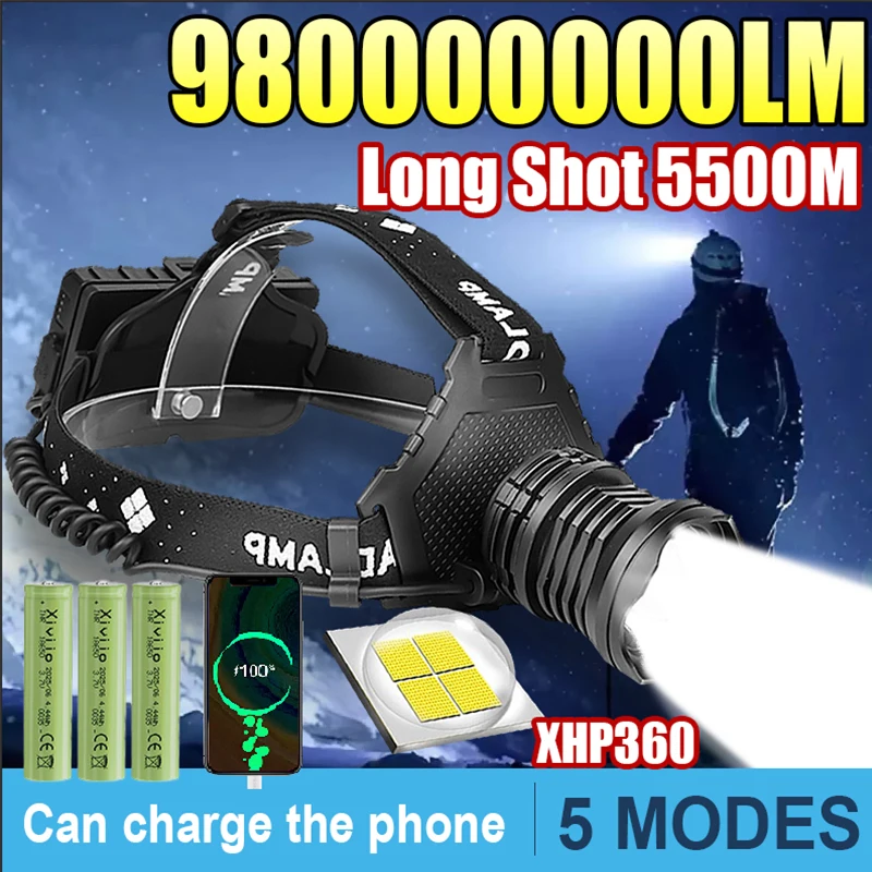 980000000LM 가장 강력한 LED 헤드라이트 슈퍼 밝은 헤드램프 충전식 XH..