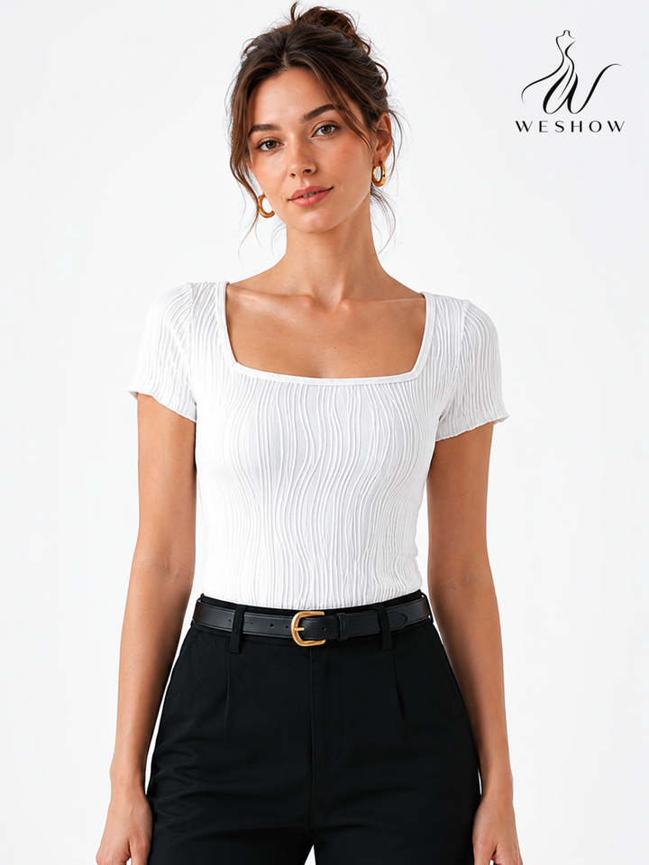 Women's White Square Neck T-Shirt Textured Wave Knit Short Sleeve Slim Fit Casual Basic Tee for Daily Office