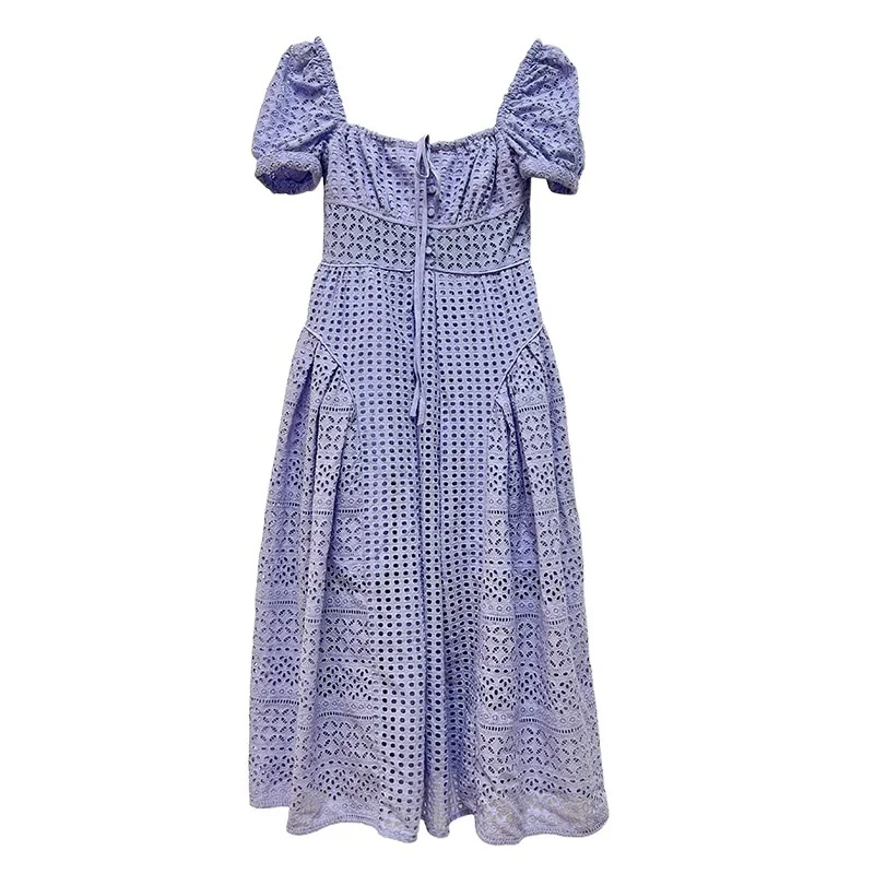

2022 Summer Sexy Hollow Out Women Midi Long Dress Short Sleeve Cotton Lace Flower Embroidery Backless Party Evening Vestidos
