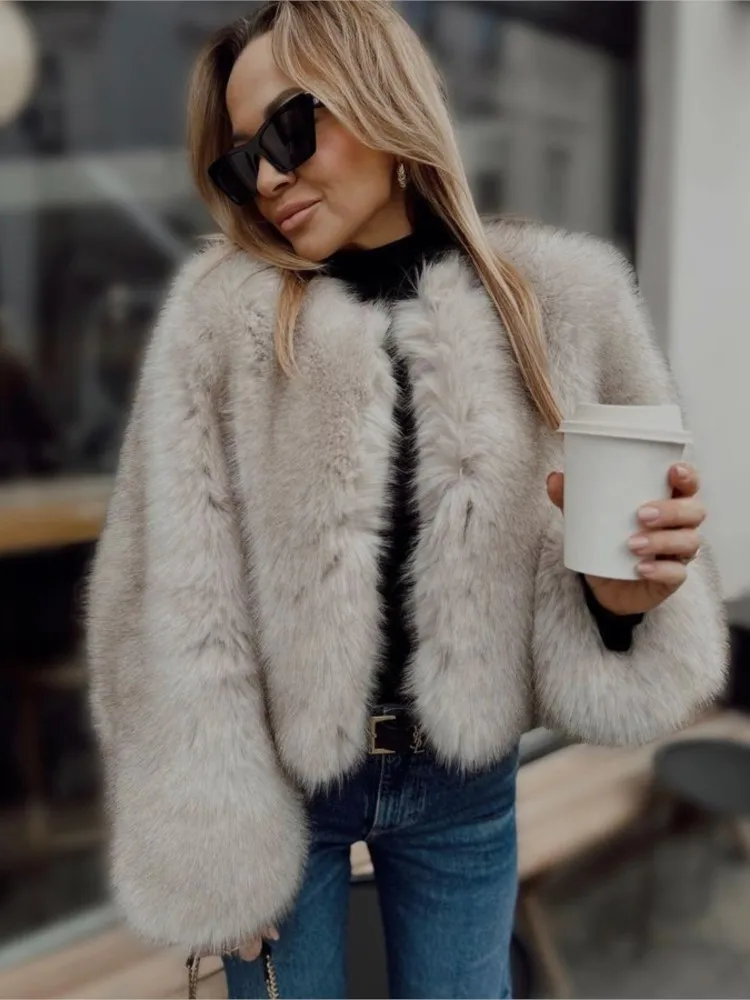 Dyed Pointy Fox Fur Coat Round Neck Warm Furry Long Sleeve