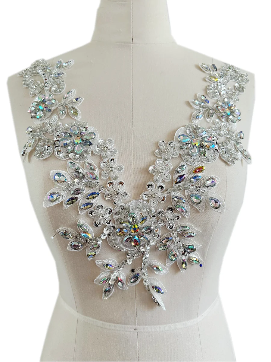 Handmade Rhinestones Lace Applique Sew On Beads Sequins Trim