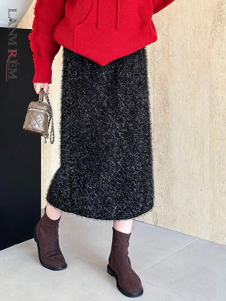 

[LANMREM] High Waist Mid-length Straight Skirts For Women 2023 Winter New Black Office Lady Thick Warm Clothing Female 26D7371