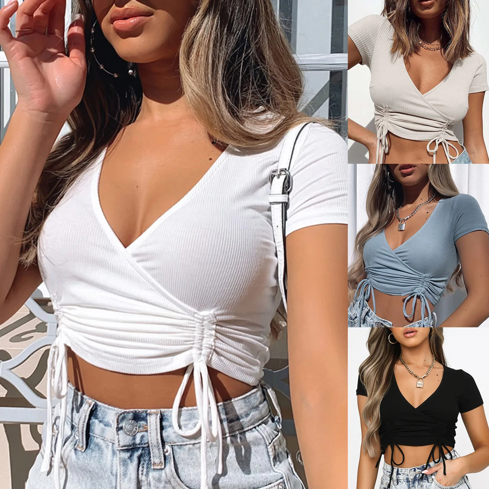 Womens Sexy Deep V Neck Ribbed Crop Ruched Drawstring Workout Tops Y2K Ladies Tee Slim Fit Workout Shirts| | - AliExpress