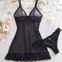 Ensemble de lingerie sexy pour femmes, robe de nuit en maille extensible à pois rose à col en V profond, bretelles spaghetti, culotte, ensemble de vêtements de nuit en deux pièces 2