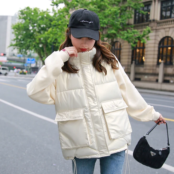 2021 New Autumn Winter Women's Down Cotton Horse Bright Fabric With Hat Girl Fashion Vest Outdoor Coat Leisure Gray long puffer coat womens