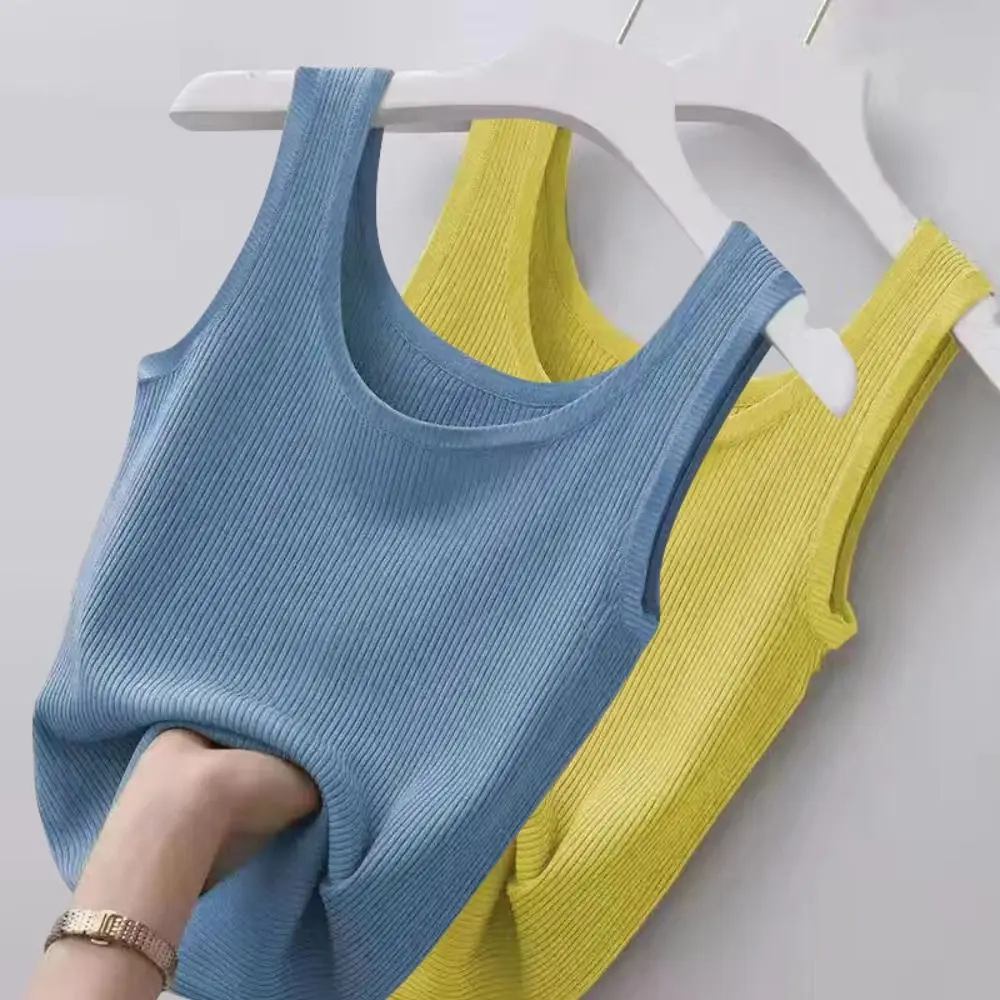 Polyester Sexy Sleeveless Camisole 2024 Solid Color Basic Top Summer Camisole T-Shirt Streetwear Tees Spring Knitted Tank Women