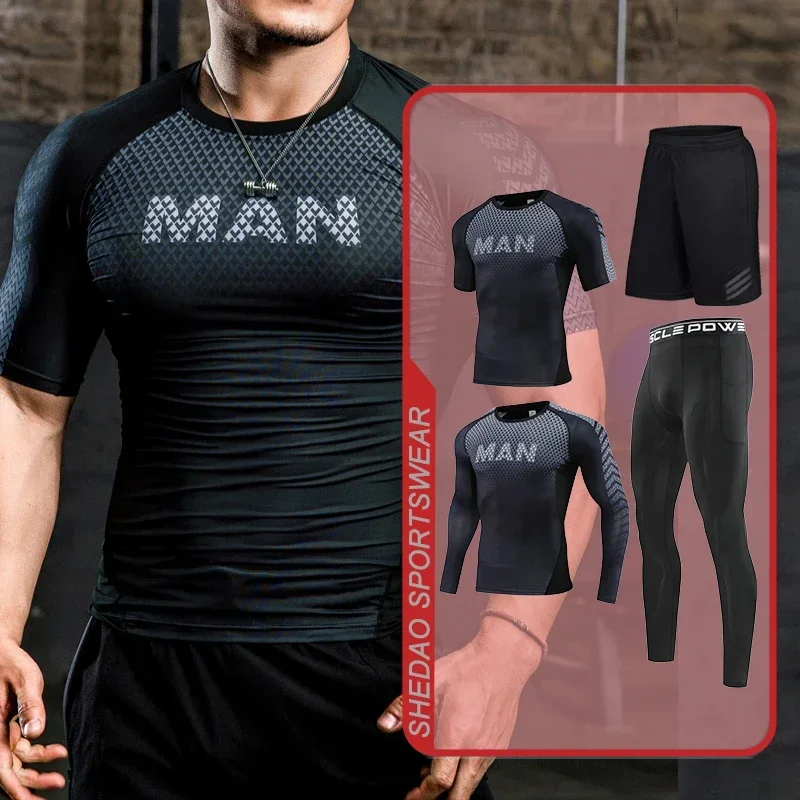 Completo Palestra Uomo 3 Pezzi - Maglia E Leggings Compressione, Pantaloncini, Asciugatura Rapida - Foto 4