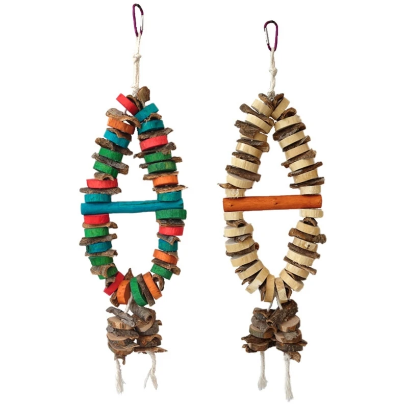 

H55E Parrots Toy Birdcage Tearing RopeRing Toy Fishshaped Wooden Block Chewing Toy for Small Medium Bird Birdcage Hanging Toy