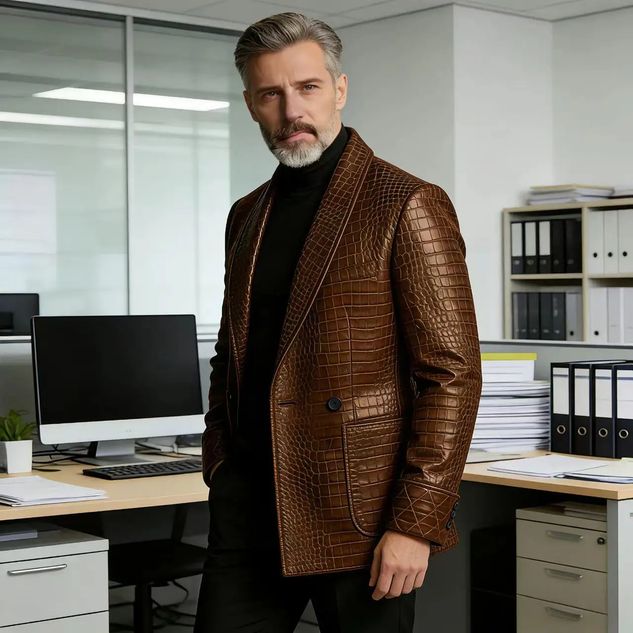 Men's Crocodile Embossed Leather Blazer Double Breasted Business Casual Brown Jacket Office Wear Formal Plus Size Suit Coat