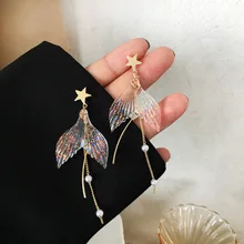

Fantasy Mermaid Rainbow Fishtail Earrings Women's Shiny Luxury Fashion Accessories Tassel Pearl Pendant Earrings Girls Jewelry