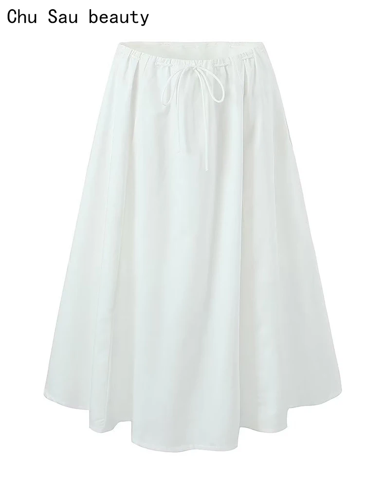

Chu Sau beauty 2023 Women Summer Fashion Streetwear Style Solid Loose Midi Skirt Sweet Chic Shirring Design Low Waist Skirts