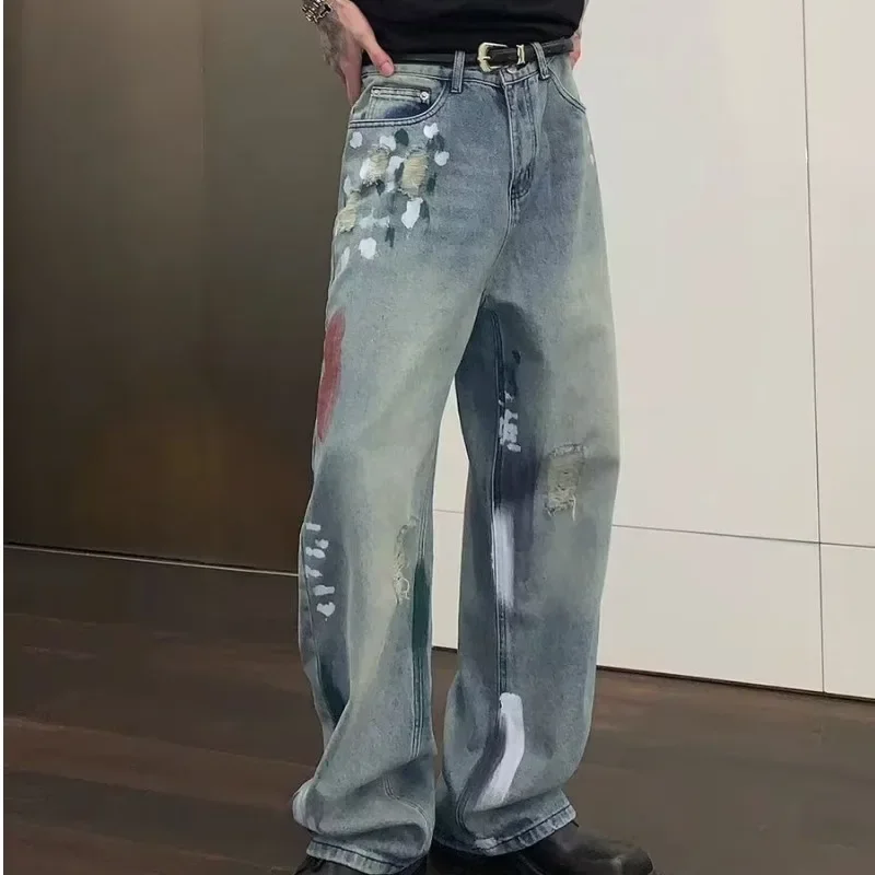 Men's Summer Jeans Loose-fit Wide-leg Straight-leg Denim Trousers American Style Casual Vibe Pants Ripped Design Sensibility