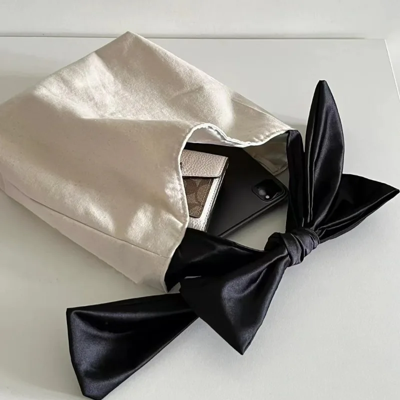 Bowknot Canvas Bag Women Students Adjustable Cream White Fabric Large Capacity Lazy Handbags Fashion Underarm Shoulder Bag
