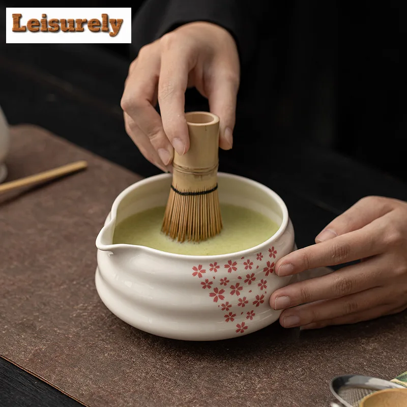 Japanese Tea Ceremony Cherry Blossom Falling Ceramic Matcha Eight-piece Set Frothing Stirring Tools Bowl Whisk Equipment Craft