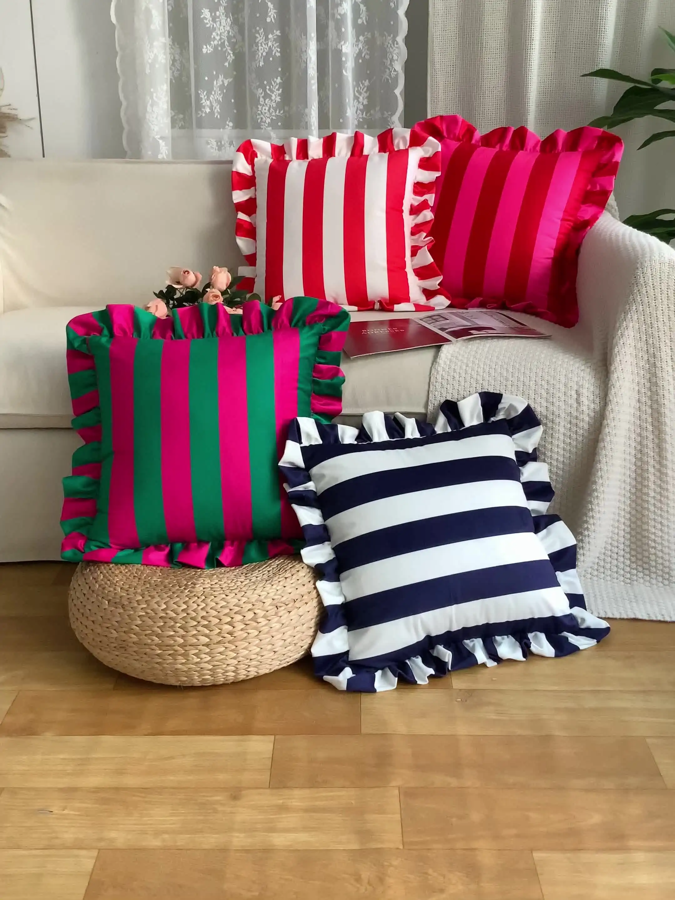 KUP TERAZ 1 SZT. Poszewka na poduszkę w paski z aksamitu i koronki, 45x45 cm, miękkie i przytulne poszewki na poduszki na kanapę, do sypialni, salonu, dekoracja domu