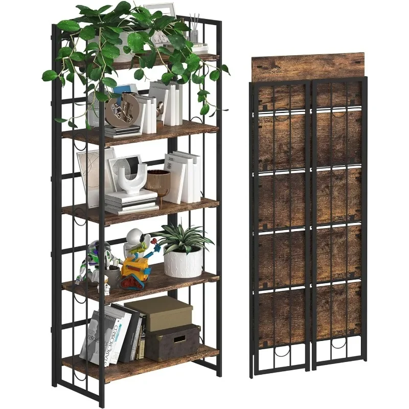 

4NM No-Assembly 5 Tiers Folding Bookshelf Storage Shelves Vintage Bookcase Standing Racks Study Organizer Home Office US