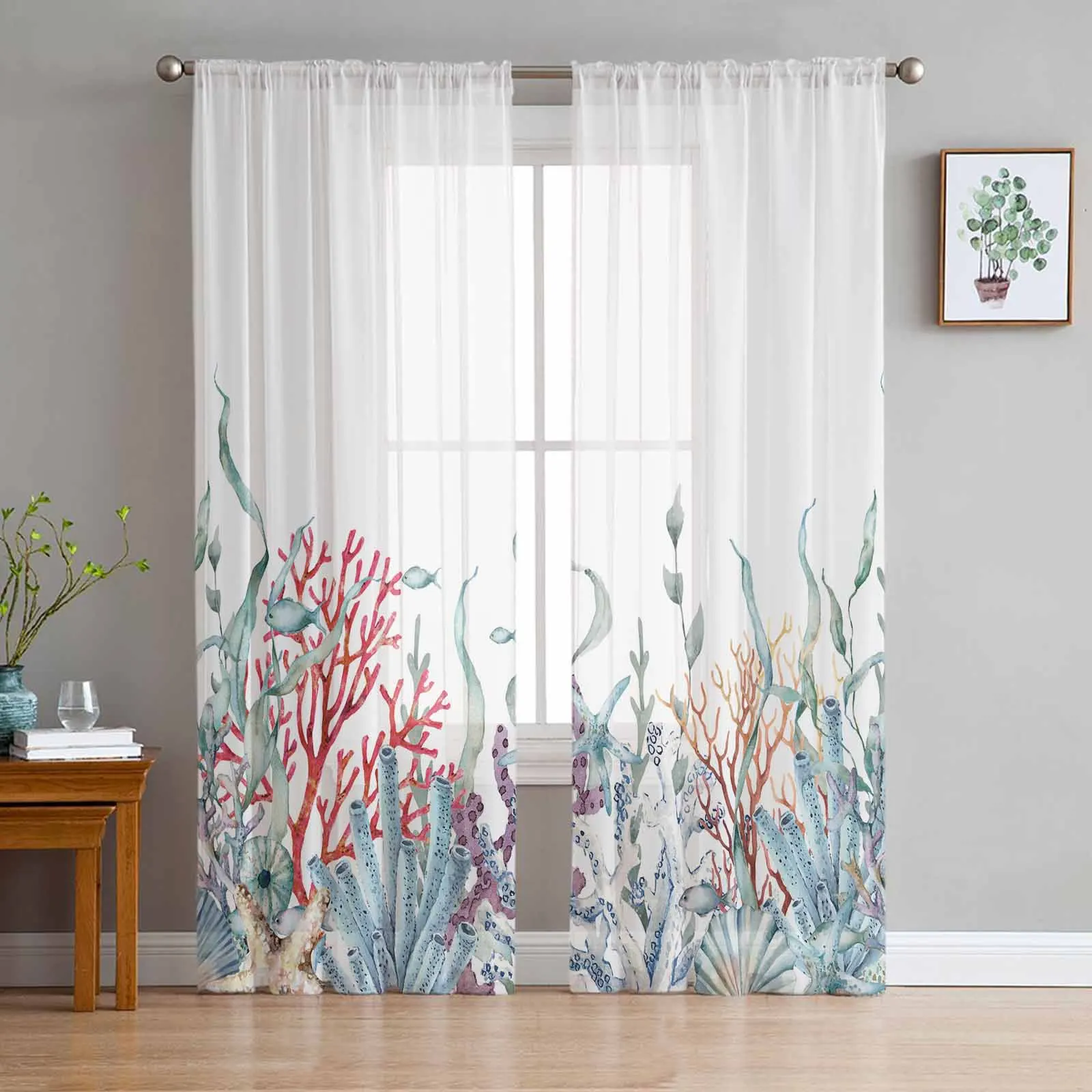 

Marine Coral In Summer Starfish Sheer Curtain Living Room Drapes Home Bedroom Voile Curtain Tulle Window Curtain