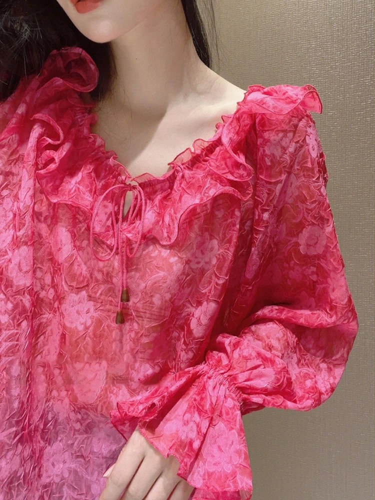 

2023 Summer New European Fashion Unique Top Super Beautiful Reduced Age Pink Flower Ruffles Shirt Blouse for Women