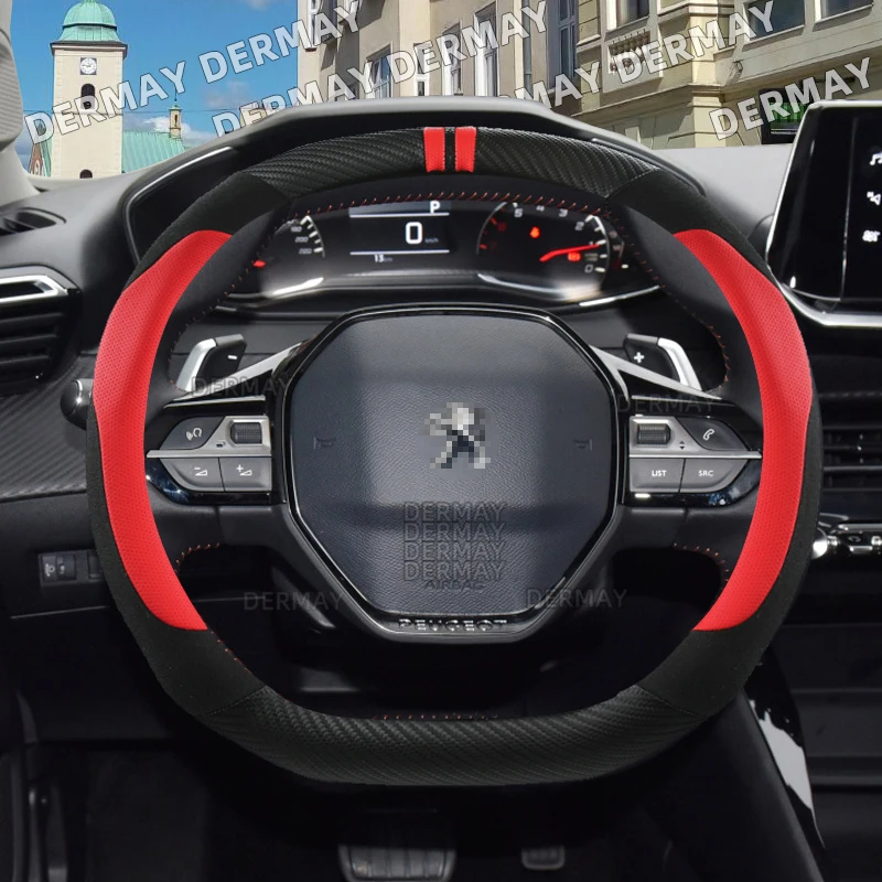 

for Peugeot 2008 e2008 2019~2022 Car Steering Wheel Cover Carbon fiber + Suede + PU Leather Non-slip Auto Accessories interior