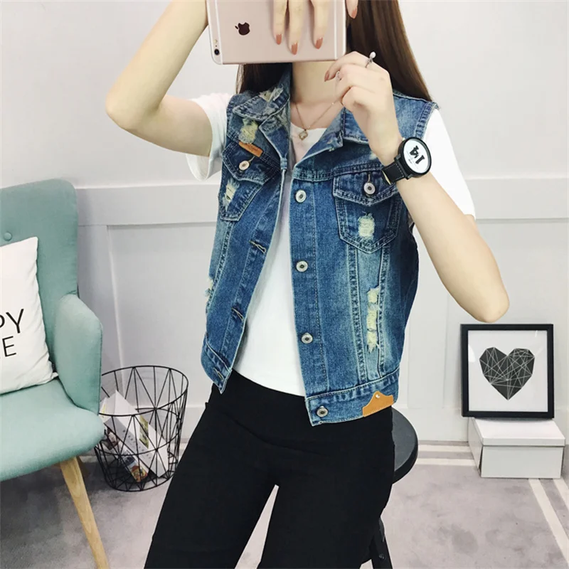 2022 New Spring Autumn Denim Vest Women Clothes Vintage Hole Sleeveless Jean Waistcoat Short Jacket Female Outerwear