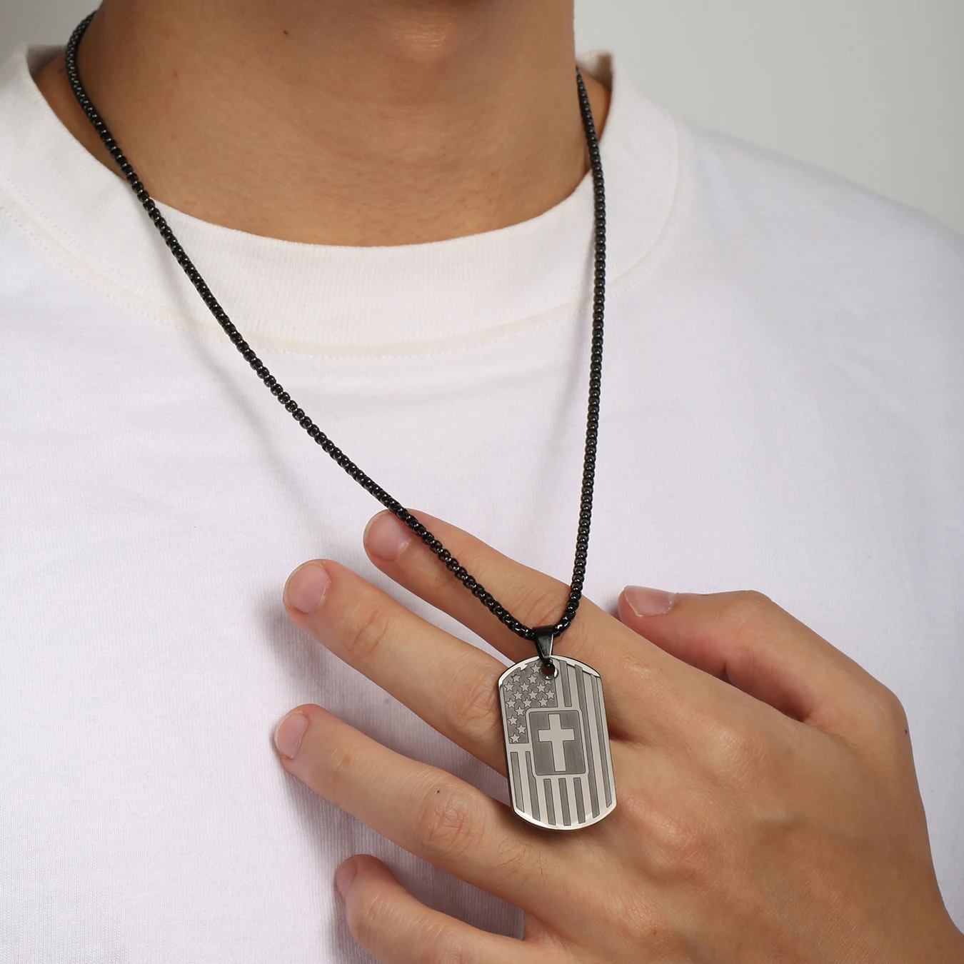 304L Stainless Steel USA Flag Pendant Necklace Men Bible Verse