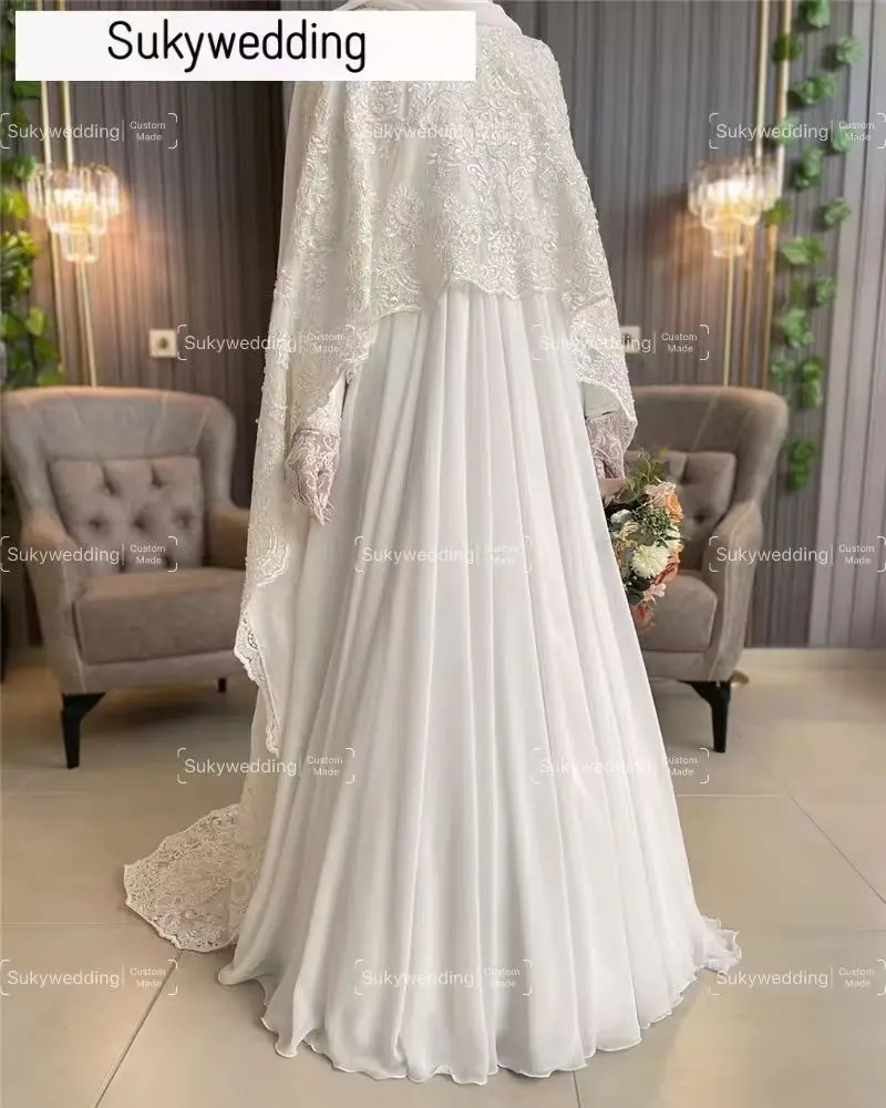 Fashion Muslim Hijab Wedding Dress with Lace Cape Long Sleeve Chiffon Appliques Arabic Dubai Bride Gown Vestidos Customized 1