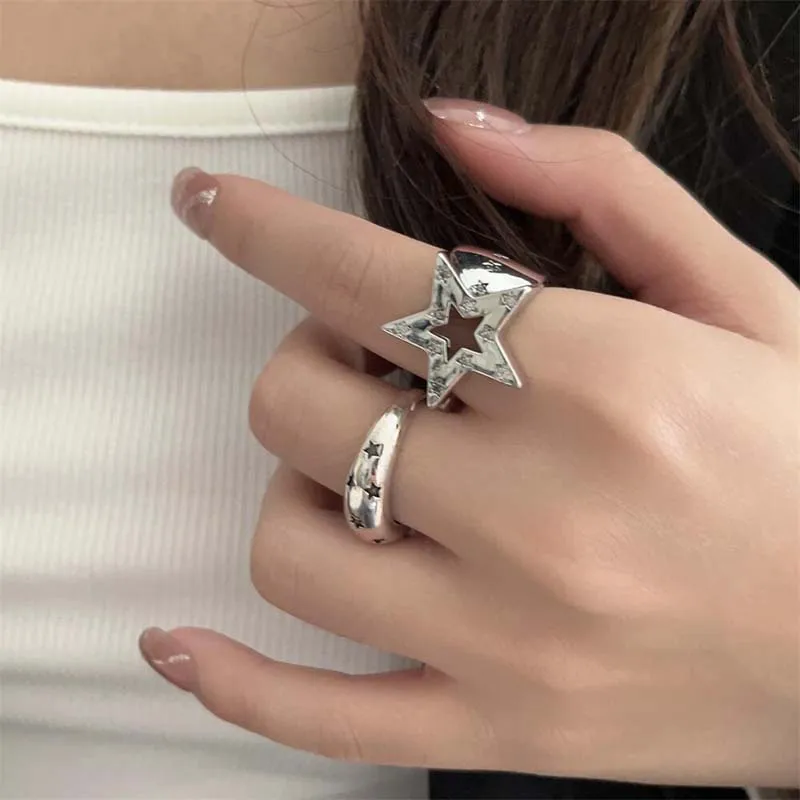 Vintage Punk Hollow Irregular Star Couple Rings for Women Men Fashion Shiny Crystal Pentagram Adjustable Ring Lover Jewelry 3