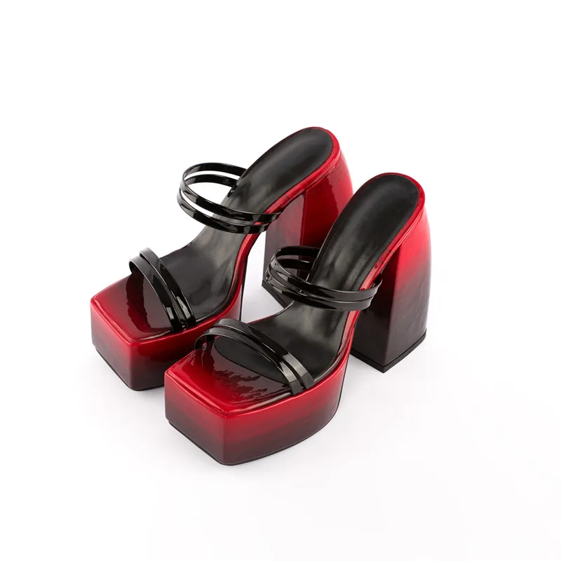

Сандалии женские из лакированной кожи, вечерние туфли-лодочки на очень высокой платформе, с квадратным носком, пикантные босоножки с градиентом, красные, лето