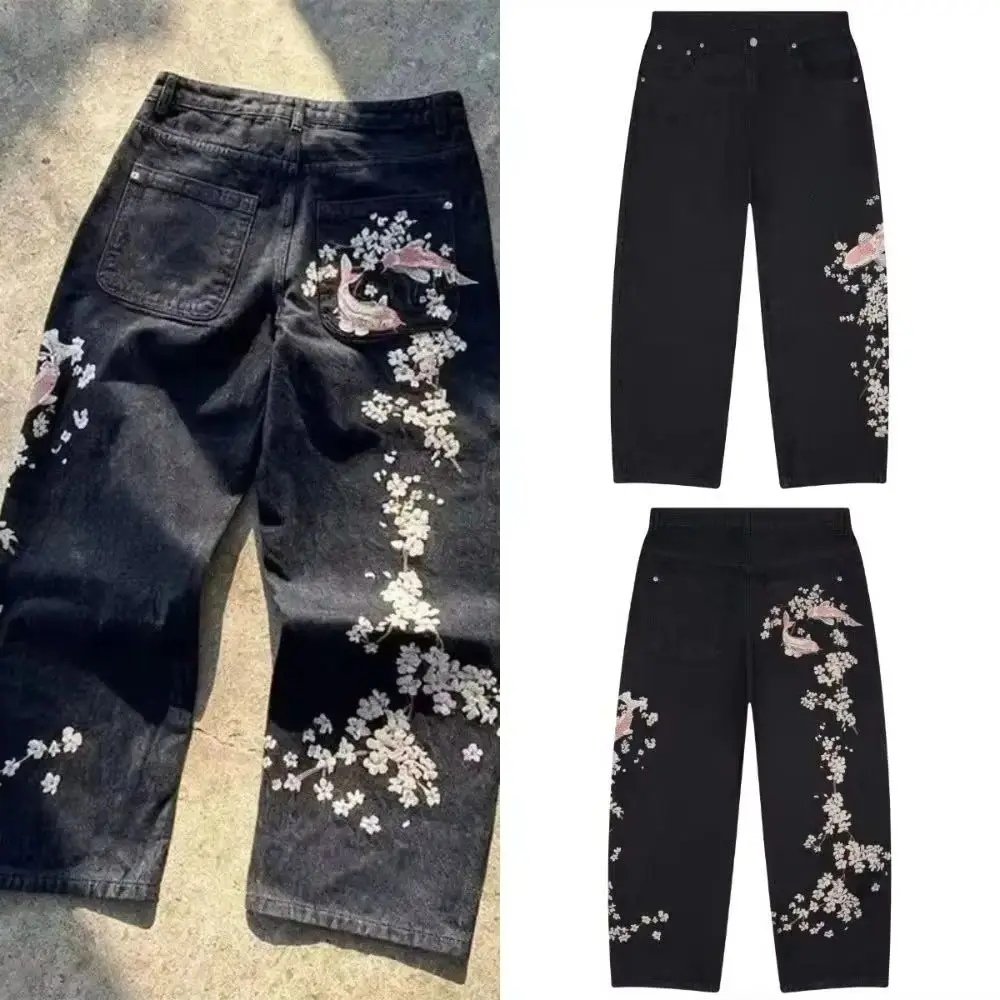 Y2K Retro Casual Straight-Wide Leg JeansStreet Style Gothic Hip-Hop Punk Fashion with Koi and Cherry Blossom EmbroideryUnisex 3