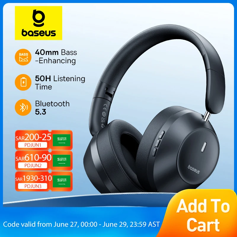 Baseus Bass 30 Max Wireless Headphones Bluetooth 5.3 40mm Bass-Enhancing Diaphragm 50H Over Headset Ultra Low Latency Earphones
