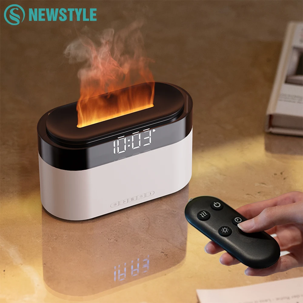 LED Clock Ultrasonic Air Humidifier with Colorful Flame Night Light and Remote Control 200mL Essential Oil Aromatherapy Machine
