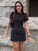 TFMLN  Elegant Women Short Sleeve Mini Dress Slim Fit High Waist Short Sleeve Solid Dresses Simple Bodycon Commuter Dress - Image 2