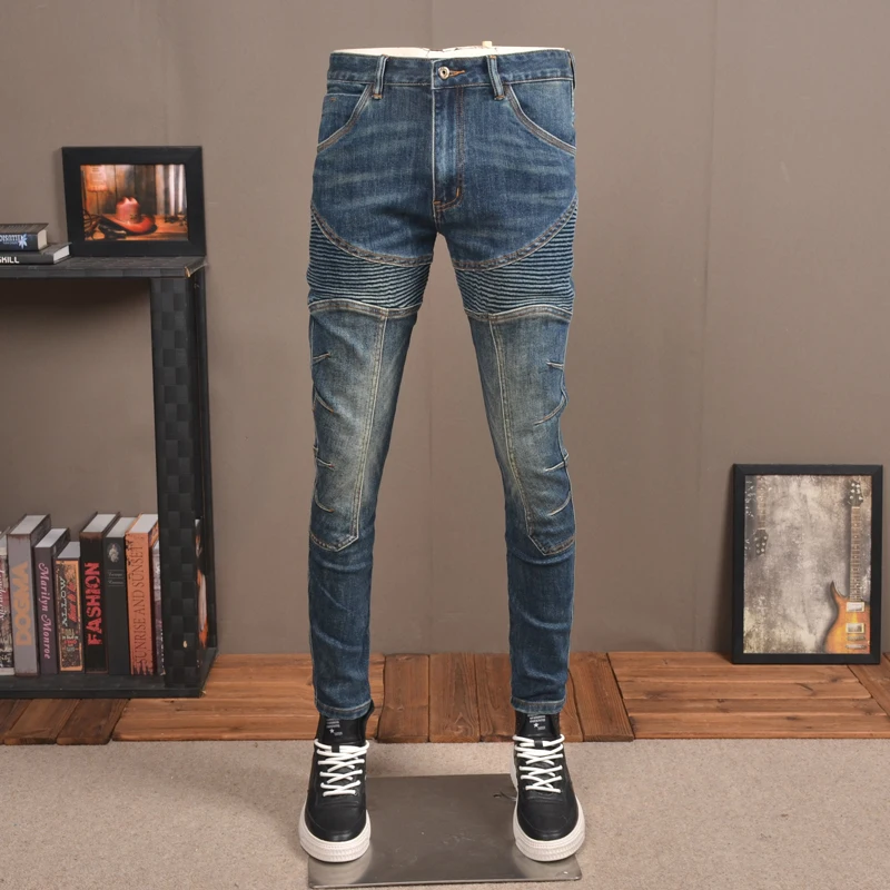 

Street Fashion Men Jeans Retro Blue Stretch Spliced Biker Jeans Homme Patch Designer Hip Hop Pants Men Slim Wrinkled Trousers